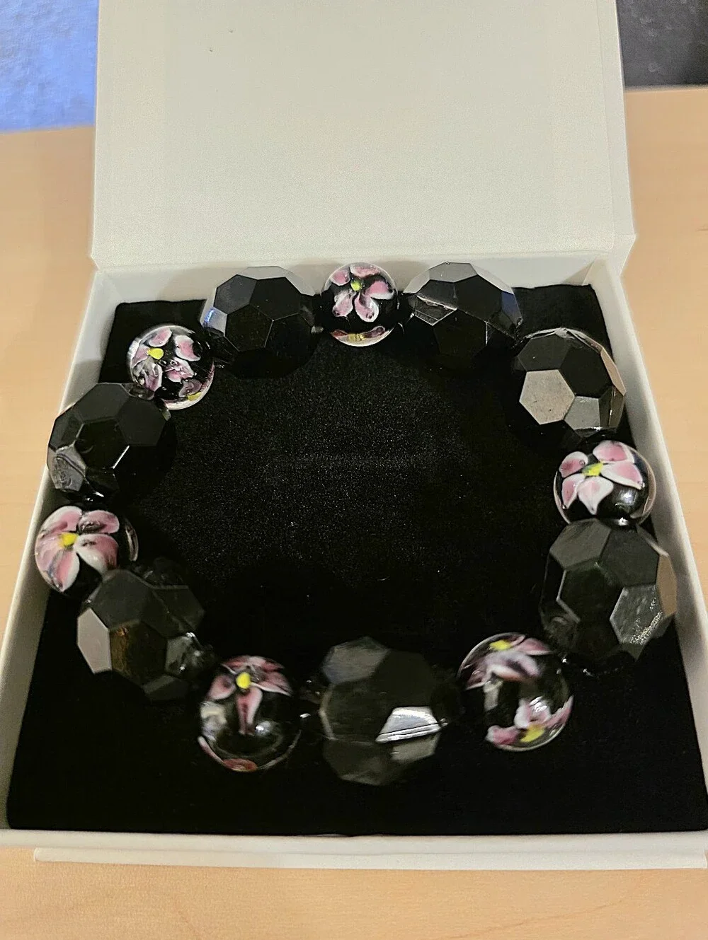 Black Beaded Stretch Bracelet with Pink Floral Accents